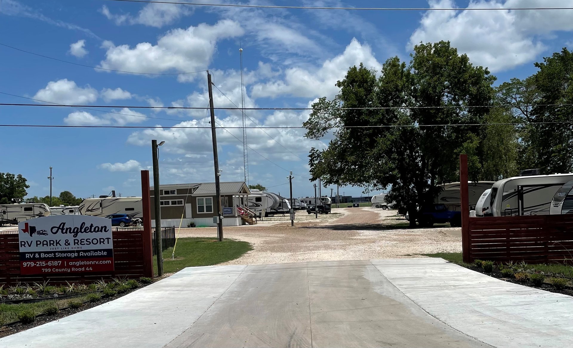 Entrance sign for Angleton RV Park & Resort, 799 County Road 44, Angleton, TX