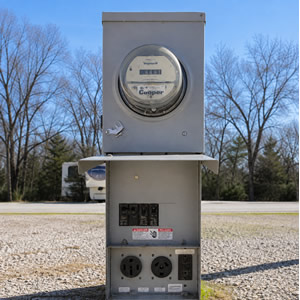 Full-hookup power pedestal with 30/50 amp electric service at an RV site, Angleton RV Park & Resort
