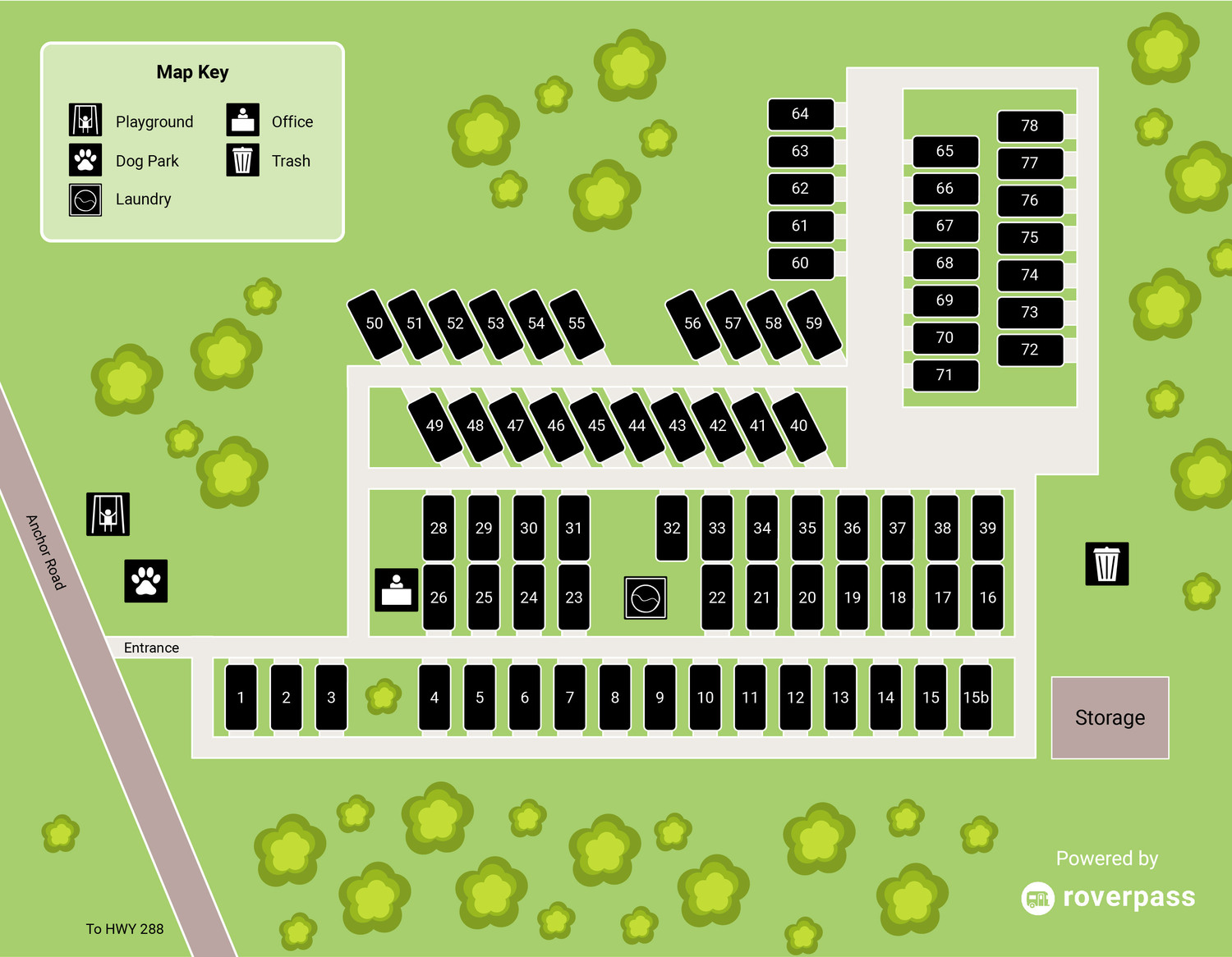 Angleton RV Park site map showing all numbered RV sites, the office, dog park, playground, laundry facility, trash areas, and storage yard, with the entrance off Anchor Road
